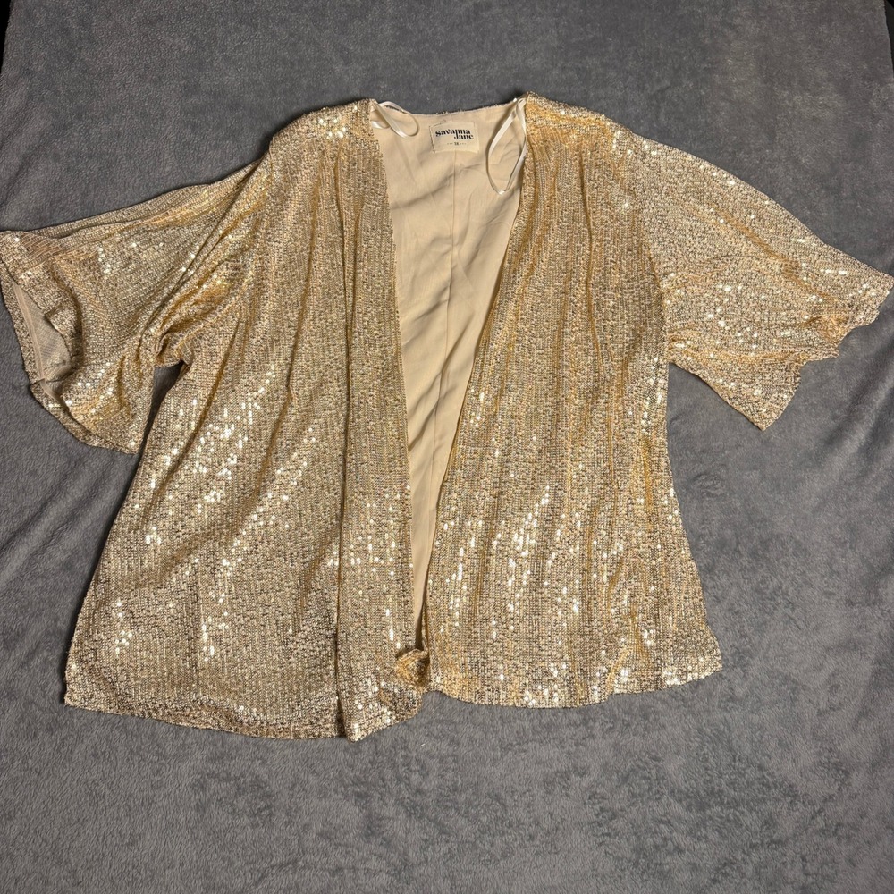 Savanna Jane 3X Gold Sequin Kimono Cardigan Open Front Plus Size Bling Glam